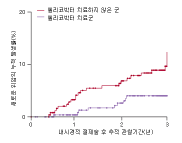 조기위암 내시경절제술 후 헬리코박터 제균 치료군과 비치료군의 위암 재발률 비교 그래프